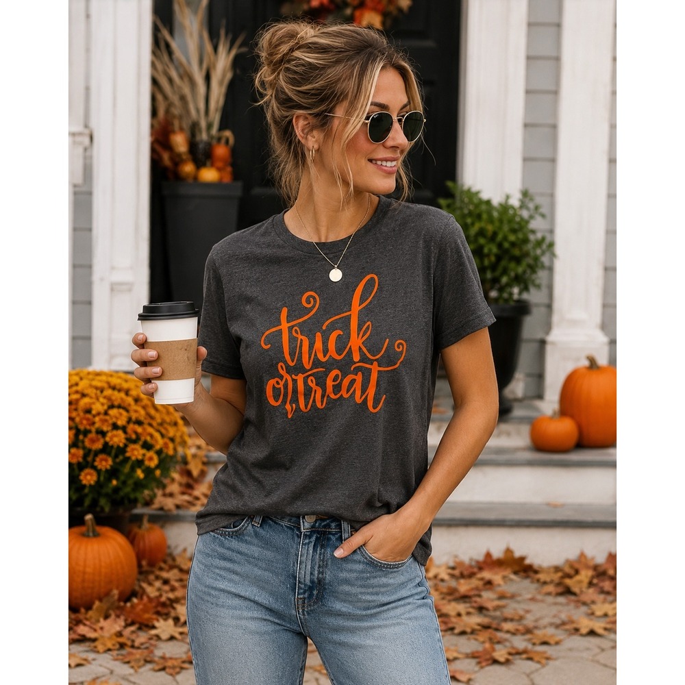 Halloween Trick or Treat Graphic T Shirt Gray Orange Script Fall Tee